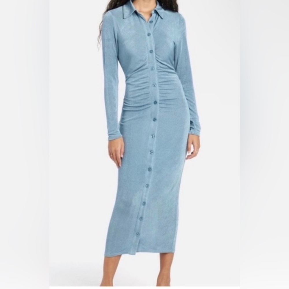 Bebe Blue Shirred Polo Midi Button Up Dress XXS